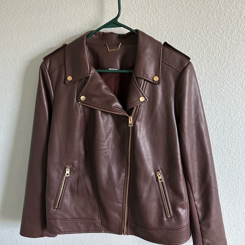 Chico's Chocolate Brown Faux Leather Moto Jacket with Gold Hardware